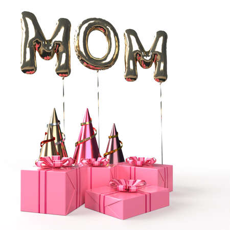 Happy Mother Day with gift box, balloon, mom text decorate. Concept in Mother Day celebration. 3D renderingの写真素材