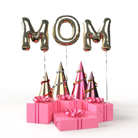 Happy Mother Day with gift box, balloon, mom text decorate. Concept in Mother Day celebration. 3D renderingの写真素材