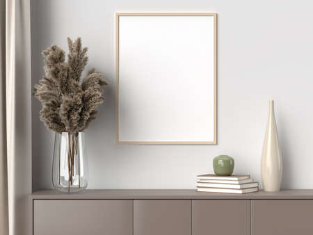 Blank picture frame for photographs, art, graphics with Leaves. Frame poster mockup template on the wall in home interior. 3D renderingの写真素材