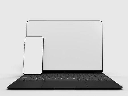 Realistic Laptop and Smartphone Mockup Scene. Template for branding identity global business design