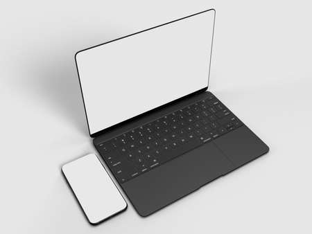 Realistic Laptop and Smartphone Mockup Scene. Template for branding identity global business designの写真素材