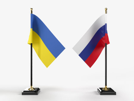 Ukraine VS Russia national flags. The Ukrainian-Russian conflict. War between States. 3d renderの写真素材