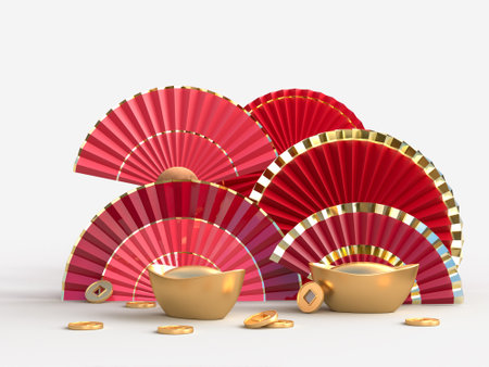 Paper fan chinese new year with gold coin decoration. Oriental Asian style concept of Happy Chinese New Year festiva. 3D renderingの写真素材