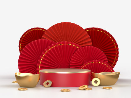 Paper fan chinese new year with podium and gold coin decoration. Oriental Asian style concept of Happy Chinese New Year festiva. 3D renderingの写真素材