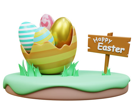 Greetings and presents for Easter Day with Easter eggs. Concept of Easter egg hunt. Holiday banner, web poster, flyer, stylish brochure. Spring Easter 3D Renderingの写真素材