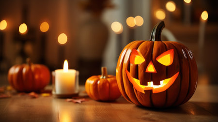 Halloween Pumpkin head jack lantern on wooden plank with burning candles on blurred background. Happy halloween celebration holiday banner concepts. Generative AIの素材