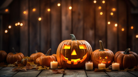 Halloween Pumpkin head jack lantern on wooden plank with burning candles on blurred background. Happy halloween celebration holiday banner concepts. Generative AIの素材