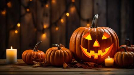 Halloween Pumpkin head jack lantern on wooden plank with burning candles on blurred background. Happy halloween celebration holiday banner concepts. Generative AIの素材