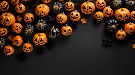 Halloween pumpkins and halloween decorations on black background. Flat lay, top view, overhead with copy space. Happy halloween celebration holiday banner concepts. Generative AIの素材
