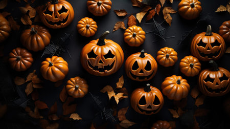Halloween orange pumpkins decorations on black background. Flat lay, top view, overhead. Happy halloween celebration holiday banner concepts. Generative AIの素材