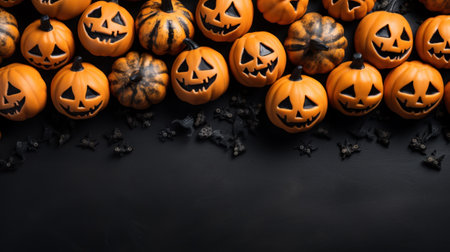 Halloween pumpkins and halloween decorations on black background. Flat lay, top view, overhead with copy space. Happy halloween celebration holiday banner concepts. Generative AIの素材
