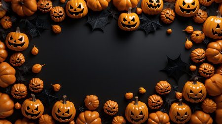 Halloween pumpkins and halloween decorations on black background. Flat lay, top view, overhead with copy space. Happy halloween celebration holiday banner concepts. Generative AIの素材