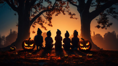 Halloween Funny kids in witch costumes. Children and pumpkins in a spooky night forest mysterious darkness and scary scene background. Happy halloween celebration holiday concepts. Generative AIの素材