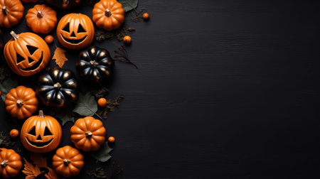Halloween pumpkins and halloween decorations on black background. Flat lay, top view, overhead with copy space. Happy halloween celebration holiday banner concepts. Generative AIの素材