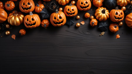 Halloween pumpkins and halloween decorations on black background. Flat lay, top view, overhead with copy space. Happy halloween celebration holiday banner concepts. Generative AIの素材