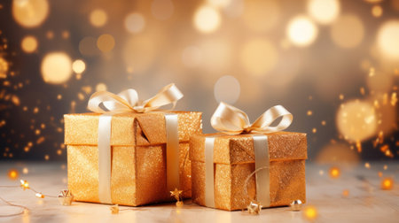 Gift box with ribbon and bow festive decorative with glitter sparkles and bokeh. Concept of design for Birthday, Merry Christmas, New Year, holiday, anniversary, valentine, wedding. Generative AIの素材