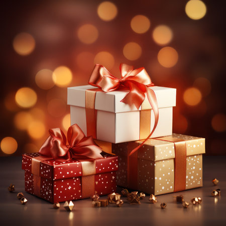 Gift box with ribbon and bow festive decorative with glitter sparkles and bokeh. Concept of design for Birthday, Merry Christmas, New Year, holiday, anniversary, valentine, wedding. Generative AIの素材