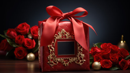 Gift box with ribbon and bow festive decorative with rose, luxury background. Concept of design for Birthday, Merry Christmas, New Year, holiday, anniversary, valentine, wedding. Generative AIの素材