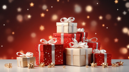 Gift box with ribbon and bow festive decorative with glitter sparkles and bokeh. Concept of design for Birthday, Merry Christmas, New Year, holiday, anniversary, valentine, wedding. Generative AIの素材