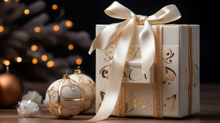 Gift box with ribbon and bow festive decorative with glitter sparkles and bokeh. Concept of design for Birthday, Merry Christmas, New Year, holiday, anniversary, valentine, wedding. Generative AIの素材