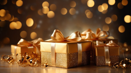 Gift box with ribbon and bow festive decorative with glitter sparkles and bokeh. Concept of design for Birthday, Merry Christmas, New Year, holiday, anniversary, valentine, wedding. Generative AIの素材