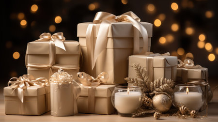 Gift box with ribbon and bow festive decorative with glitter sparkles and bokeh. Concept of design for Birthday, Merry Christmas, New Year, holiday, anniversary, valentine, wedding. Generative AIの素材