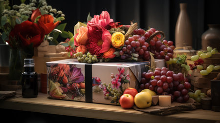 Gift box with ribbon and bow festive decorative with rose, flower, grape, fruit. Concept of design for Birthday, Merry Christmas, New Year, holiday, anniversary, valentine, wedding. Generative AIの素材