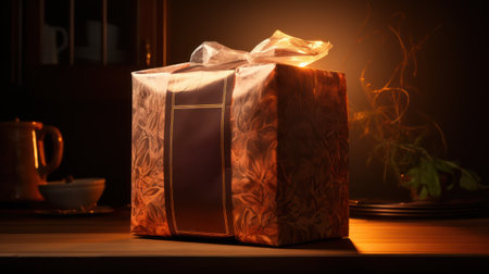 Gift box with ribbon and bow festive decorative with luxury background. Concept of design for Birthday, Merry Christmas, New Year, holiday, anniversary, valentine, wedding. Generative AIの素材