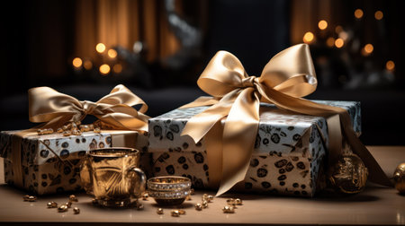 Gift box with ribbon and bow festive decorative with glitter sparkles and bokeh. Concept of design for Birthday, Merry Christmas, New Year, holiday, anniversary, valentine, wedding. Generative AIの素材