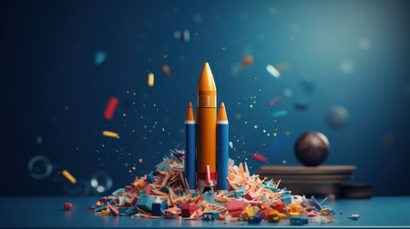 Back to school creative banner. Rocket ship launch made with pencils. Online learning digital education concept. Generative AIの素材
