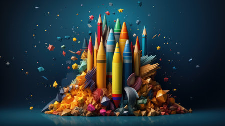 Back to school creative banner. Rocket ship launch made with pencils. Online learning digital education concept. Generative AIの素材