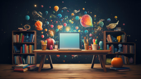 Back to school creative banner. Digital Classroom Online Education internet with laptop concept. Background decoration imagine. Generative AIの素材