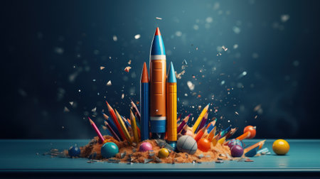 Back to school creative banner. Rocket ship launch made with pencils. Online learning digital education concept. Generative AIの素材