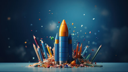 Back to school creative banner. Rocket ship launch made with pencils. Online learning digital education concept. Generative AIの素材