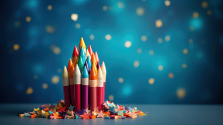 Back to school creative banner. Realistic Colorful crayon colored pencil set. Online learning digital education concept. Generative AIの素材