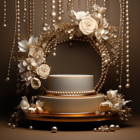 Elegant Luxury podium with golden roses, leaves and pearls elements decorative for Wedding, ceremony, birthday party, anniversary, celebration concept or product display presentation. Generative AIの素材