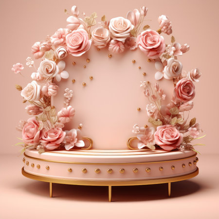 Elegant Luxury podium with golden roses, leaves and pearls elements decorative for Wedding, ceremony, birthday party, anniversary, celebration concept or product display presentation. Generative AIの素材