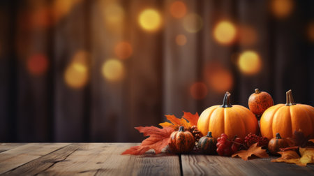Festive autumn composition decor. Fresh fall, dried maple and leaves on wooden vintage table. Concept of Thanksgiving day seasonal natural scene. Flat lay, top view, copy space. Generative AIの素材