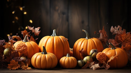 Festive autumn decor. Fresh fall pumpkins, straw and leaves on wooden vintage table with bokeh blurry candle lights. Concept of Thanksgiving day or Halloween seasonal natural scene. Generative AIの素材