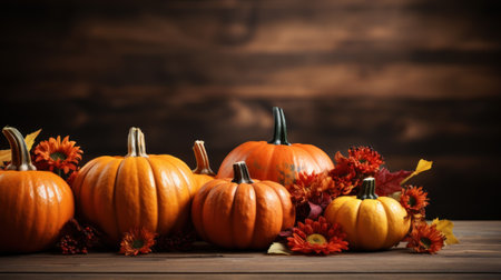 Festive autumn decor. Fresh fall pumpkins, flower, maple and leaves on wooden vintage table. Concept of Thanksgiving day seasonal natural scene. Flat lay, top view, copy space. Generative AIの素材