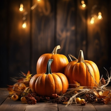 Festive autumn decor. Fresh fall pumpkins and straw and leaves on wooden vintage table with bokeh blurry candle lights. Concept of Thanksgiving day or Halloween seasonal natural scene. Generative AIの素材