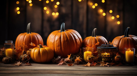 Festive autumn decor. Fresh fall pumpkins, straw and leaves on wooden vintage table with bokeh blurry candle lights. Concept of Thanksgiving day or Halloween seasonal natural scene. Generative AIの素材