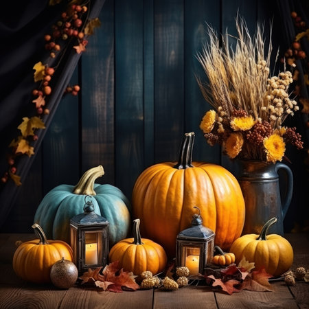 Festive autumn decor. Fresh fall pumpkins and straw and leaves on wooden vintage table with bokeh blurry candle lights. Concept of Thanksgiving day or Halloween seasonal natural scene. Generative AIの素材