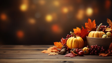 Festive autumn composition decor. Fresh fall, dried maple and leaves on wooden vintage table. Concept of Thanksgiving day seasonal natural scene. Flat lay, top view, copy space. Generative AIの素材