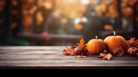 Festive autumn composition decor. Fresh fall, dried maple and leaves on wooden vintage table. Concept of Thanksgiving day seasonal natural scene. Flat lay, top view, copy space. Generative AIの素材