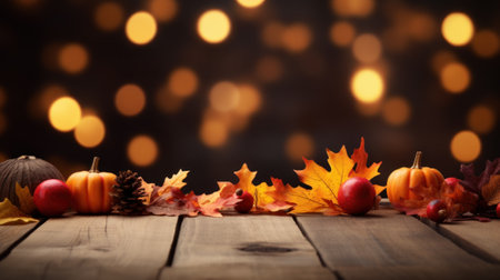 Festive autumn decor with fresh fall pumpkins on straw and maple leaves on wooden vintage table. Concept of Thanksgiving day or Halloween seasonal natural scene with copy space. Generative AIの素材