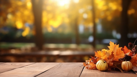 Festive autumn decor with fresh fall pumpkins on straw and maple leaves on wooden vintage table. Concept of Thanksgiving day or Halloween seasonal natural scene with copy space. Generative AIの素材