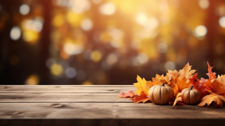 Festive autumn composition decor. Fresh fall, dried maple and leaves on wooden vintage table. Concept of Thanksgiving day seasonal natural scene. Flat lay, top view, copy space. Generative AIの素材