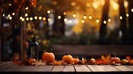 Festive autumn composition decor. Fresh fall, dried maple and leaves on wooden vintage table. Concept of Thanksgiving day seasonal natural scene. Flat lay, top view, copy space. Generative AIの素材