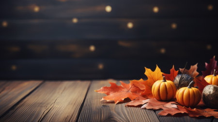 Festive autumn decor with fresh fall pumpkins on straw and maple leaves on wooden vintage table. Concept of Thanksgiving day or Halloween seasonal natural scene with copy space. Generative AIの素材